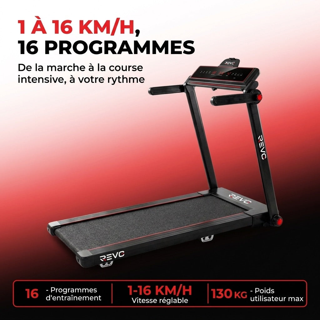 REVO Tempo 16 Folding Treadmill – 1 to 16 km/h – 16 Programs – 120 × 45 cm Surface – Ultra-Compact 19 cm Fold