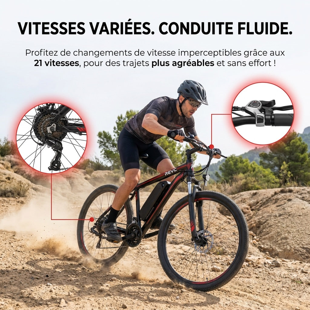 VTT électrique REVO Ridge 65 – 250 W – Jusqu'à 65 km d'autonomie – Batterie amovible 13 Ah – 21 vitesses – Pneus 26"
