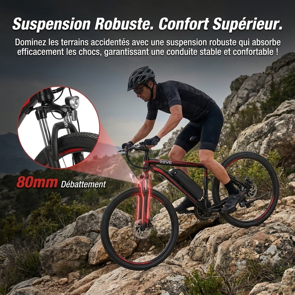 VTT électrique REVO Ridge 65 – 250 W – Jusqu'à 65 km d'autonomie – Batterie amovible 13 Ah – 21 vitesses – Pneus 26"