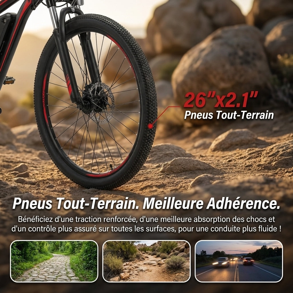 VTT électrique REVO Ridge 65 – 250 W – Jusqu'à 65 km d'autonomie – Batterie amovible 13 Ah – 21 vitesses – Pneus 26"