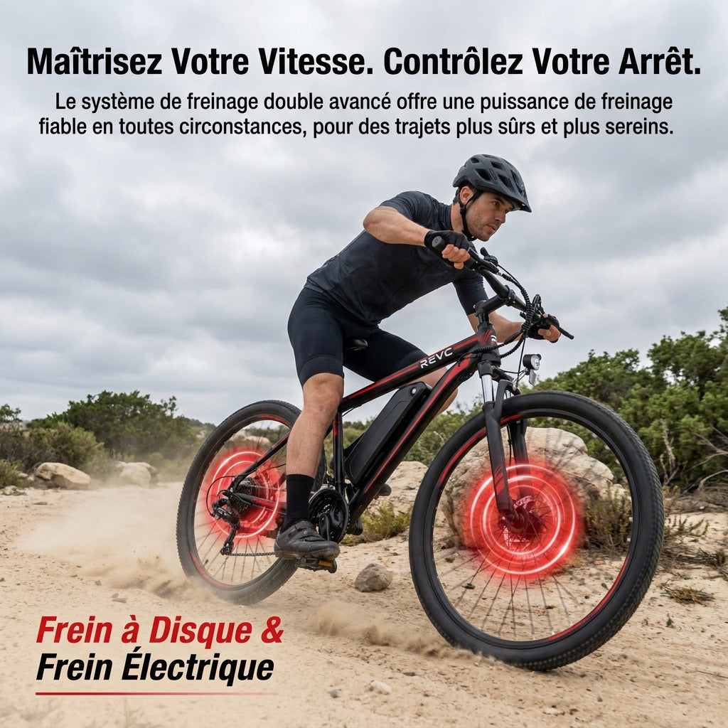 VTT électrique REVO Ridge 65 – 250 W – Jusqu'à 65 km d'autonomie – Batterie amovible 13 Ah – 21 vitesses – Pneus 26"