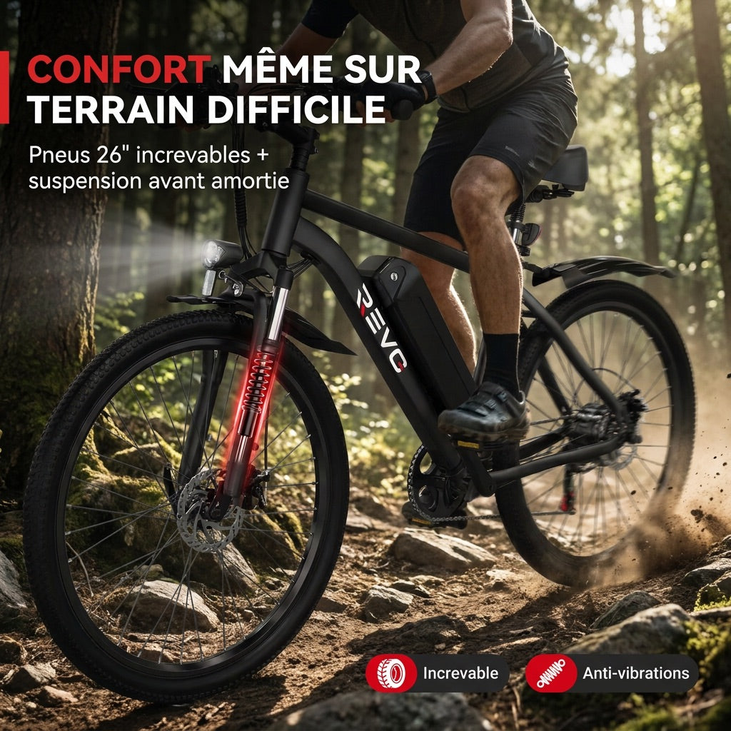 Electric Mountain Bike REVO Trail – 250 W – Range 35 to 90 km – 36 V 10.4 Ah Battery – 26-inch Tires – 7 Speeds