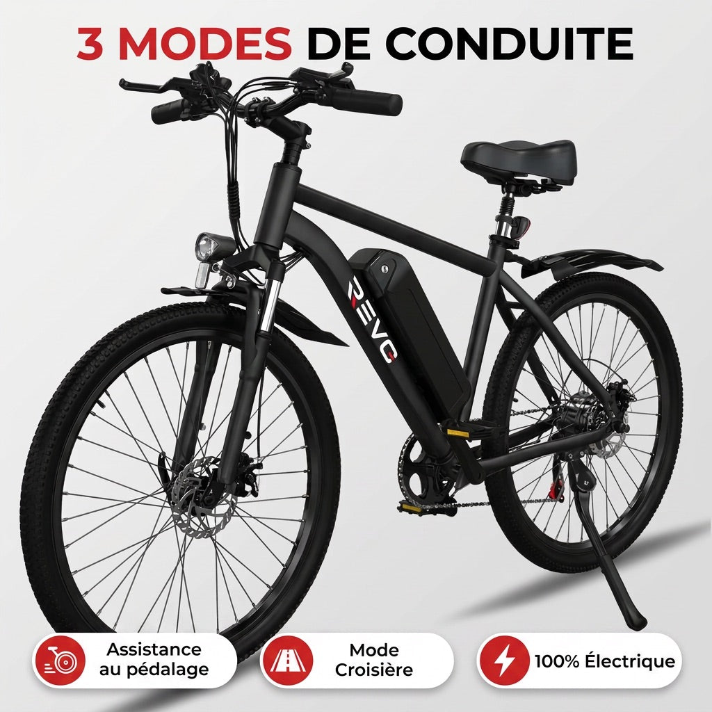 Electric Mountain Bike REVO Trail – 250 W – Range 35 to 90 km – 36 V 10.4 Ah Battery – 26-inch Tires – 7 Speeds