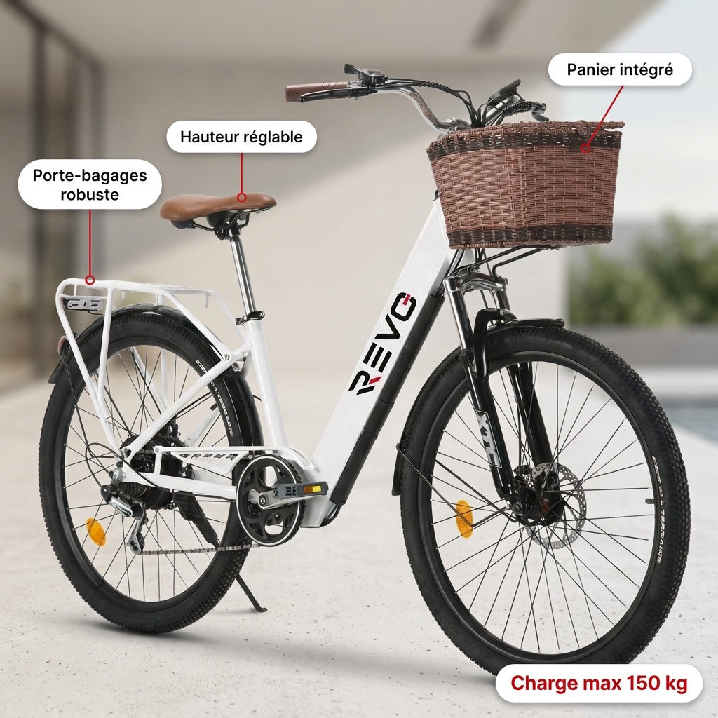 Electric Bike REVO Citya - 250 W - 80 km Range - 36 V 10 Ah Battery - 26" - Basket & Luggage Rack