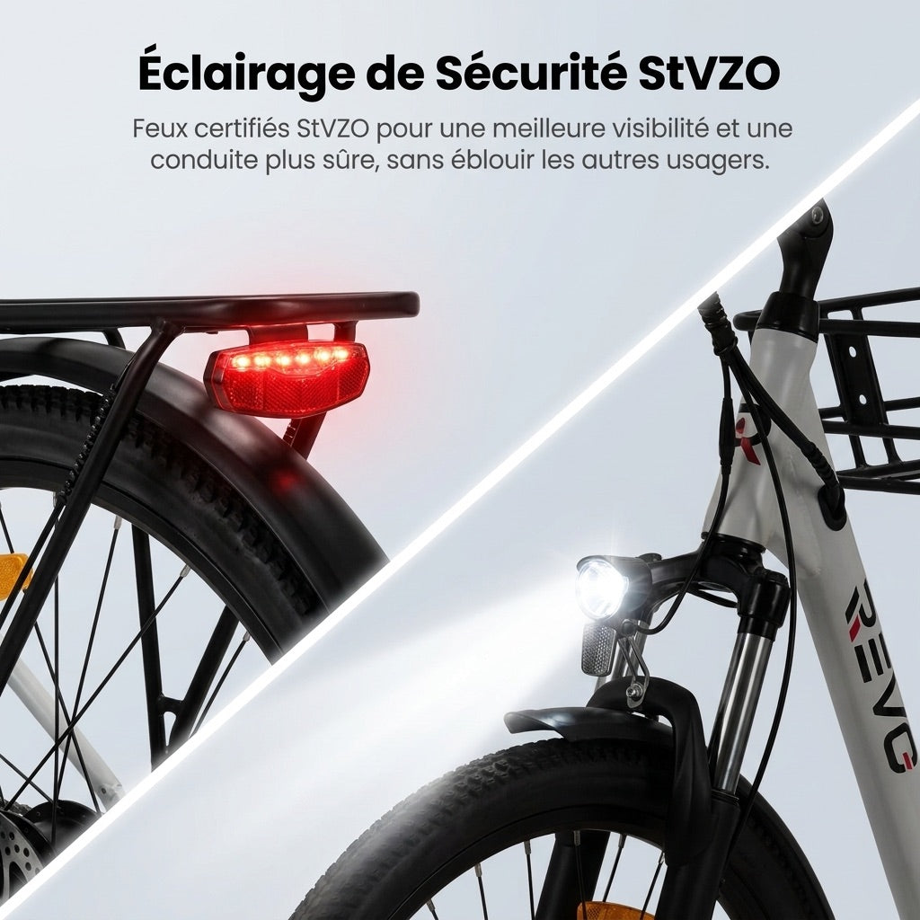 Vélo Électrique REVO CityFlow – 250 W – Autonomie 90 km – Batterie 561,6 Wh – Shimano 7 Vitesses – Roues 26 pouces
