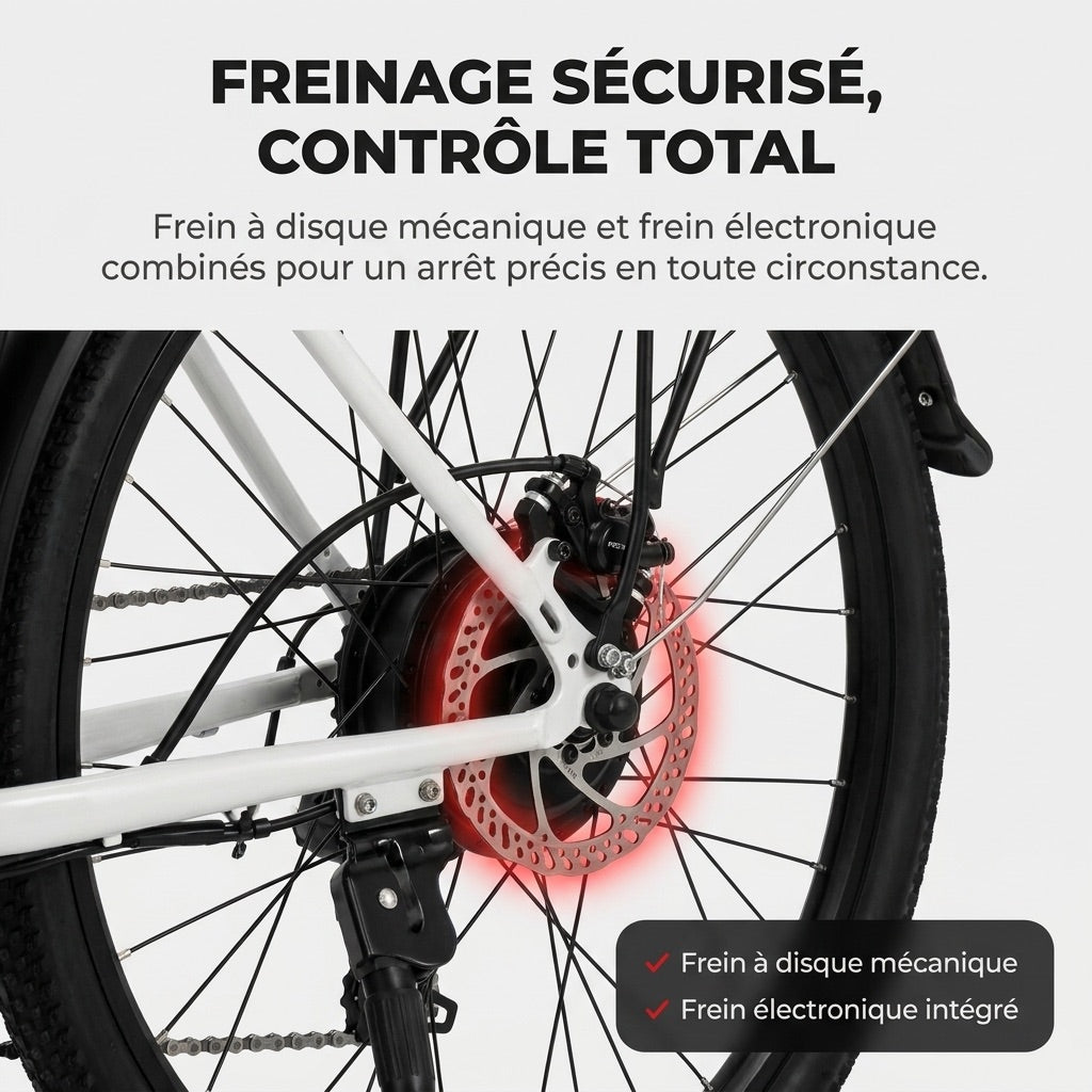 Vélo Électrique REVO CityFlow – 250 W – Autonomie 90 km – Batterie 561,6 Wh – Shimano 7 Vitesses – Roues 26 pouces
