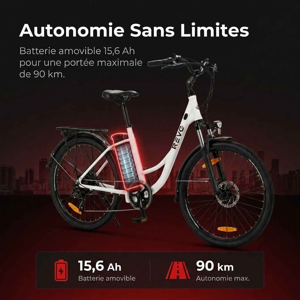 Vélo Électrique REVO CityFlow – 250 W – Autonomie 90 km – Batterie 561,6 Wh – Shimano 7 Vitesses – Roues 26 pouces