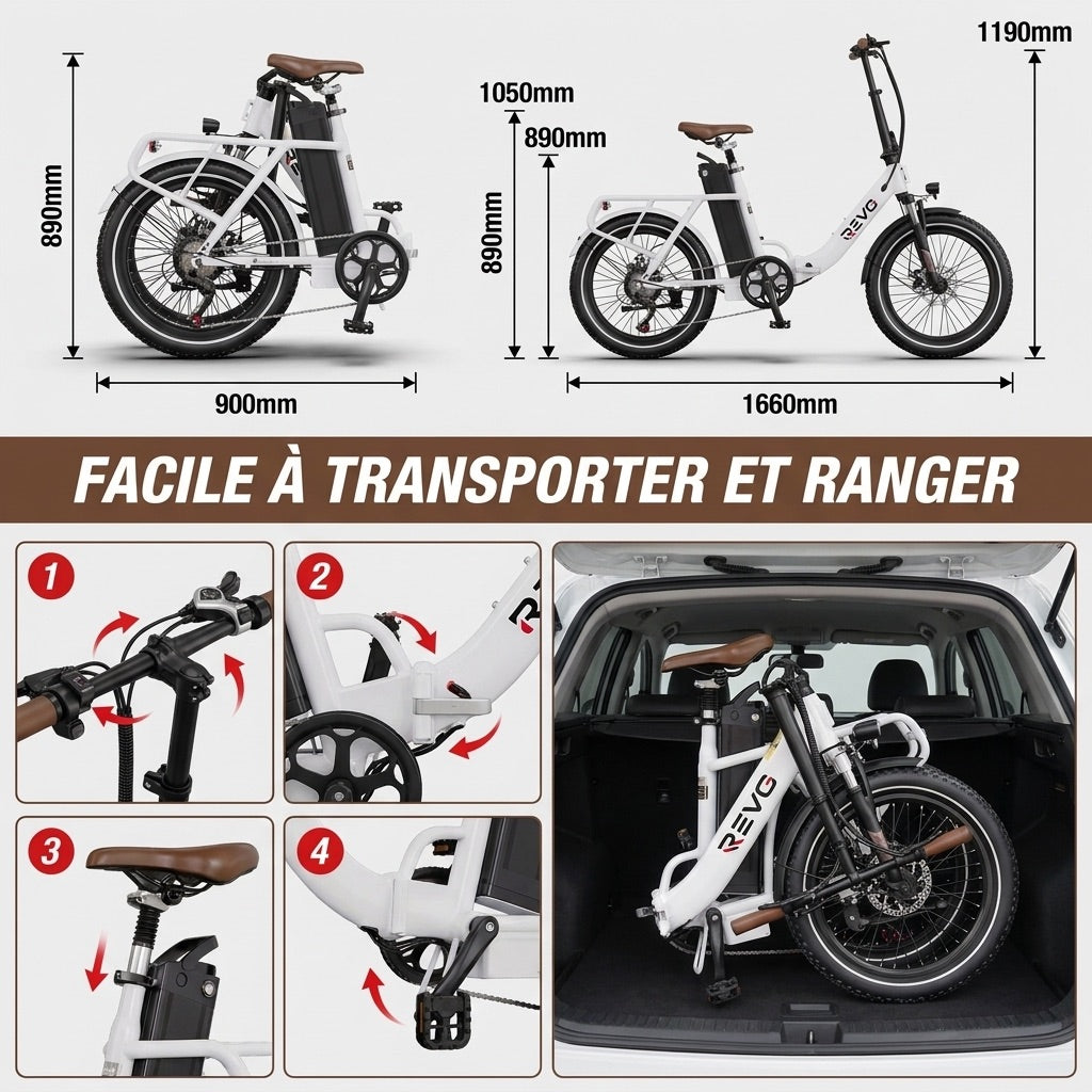 REVO Flex Folding Electric Bicycle – 250W – 48V 17Ah Battery – Range up to 120 km – 20″ x 3.0″ Tires