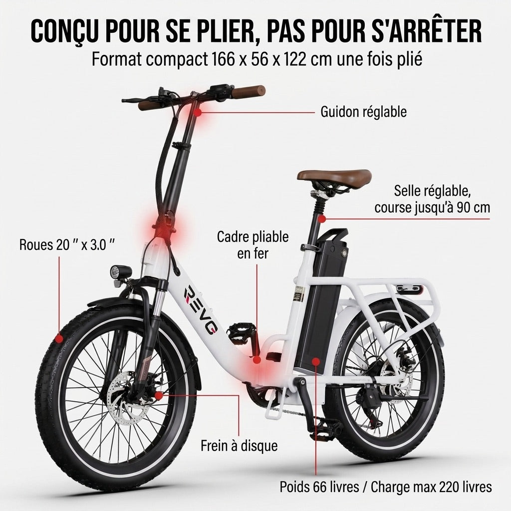 REVO Flex Folding Electric Bicycle – 250W – 48V 17Ah Battery – Range up to 120 km – 20″ x 3.0″ Tires