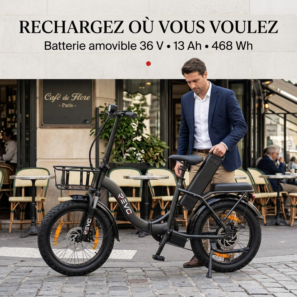 REVO Cargo Electric Folding Bike – 250 W – Range up to 80 km – 468 Wh Battery – 20 × 3.0″ Fat Tyres