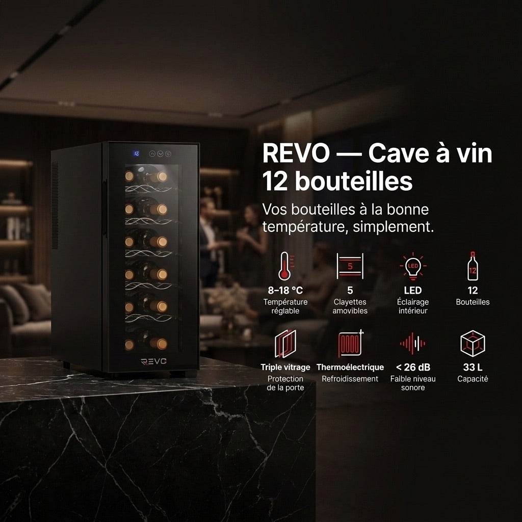 Cave à vin REVO Vinea – 12 bouteilles – Température 8 à 18 °C – Triple vitrage – Ultra-silencieuse < 26 dB