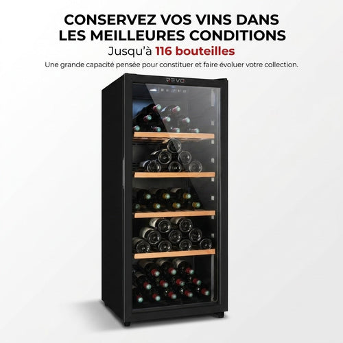 REVO Héritage - Cave à vin de vieillissement - 116 bouteilles - 213 L - 4 clayettes en bois - Température réglable