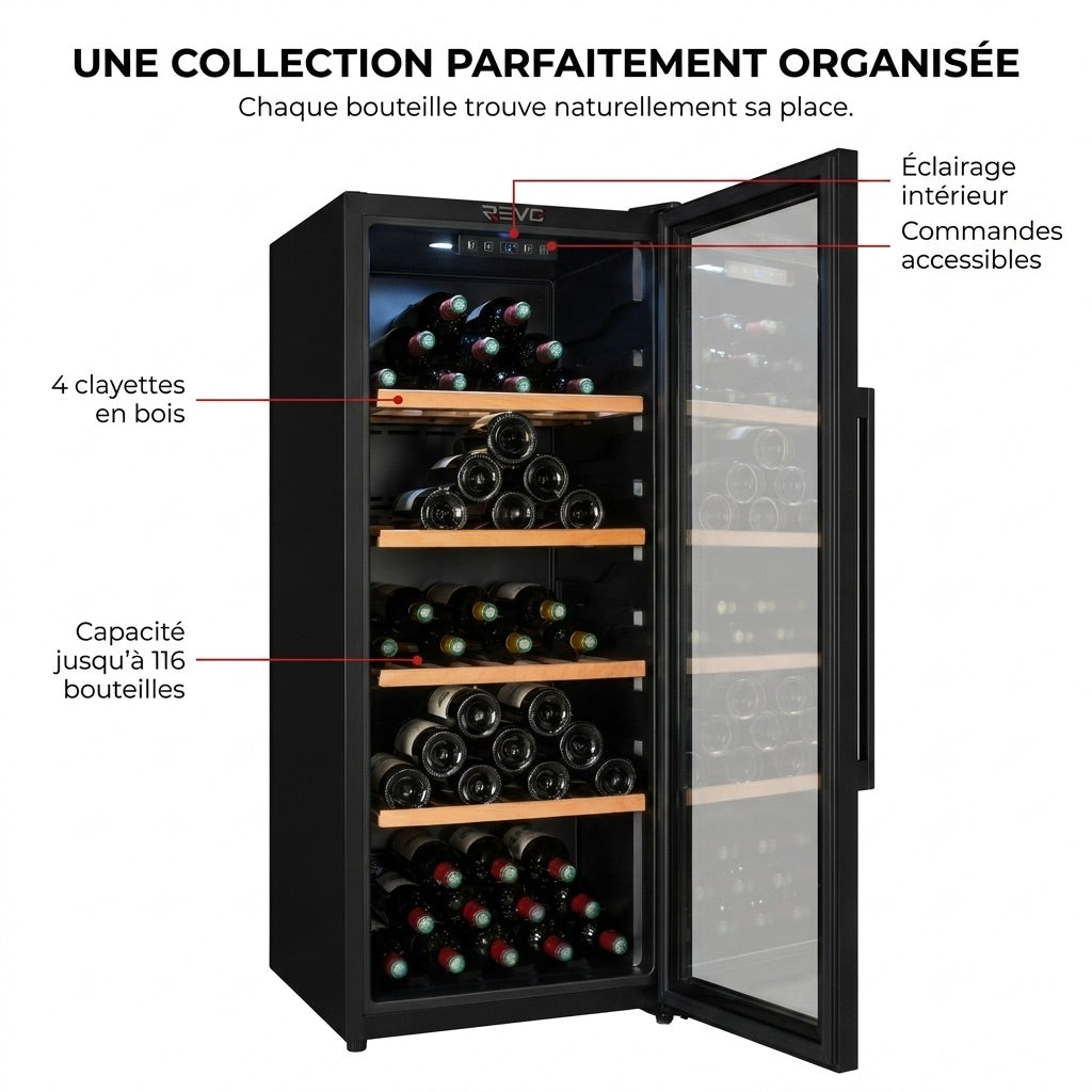 REVO Héritage - Cave à vin de vieillissement - 116 bouteilles - 213 L - 4 clayettes en bois - Température réglable