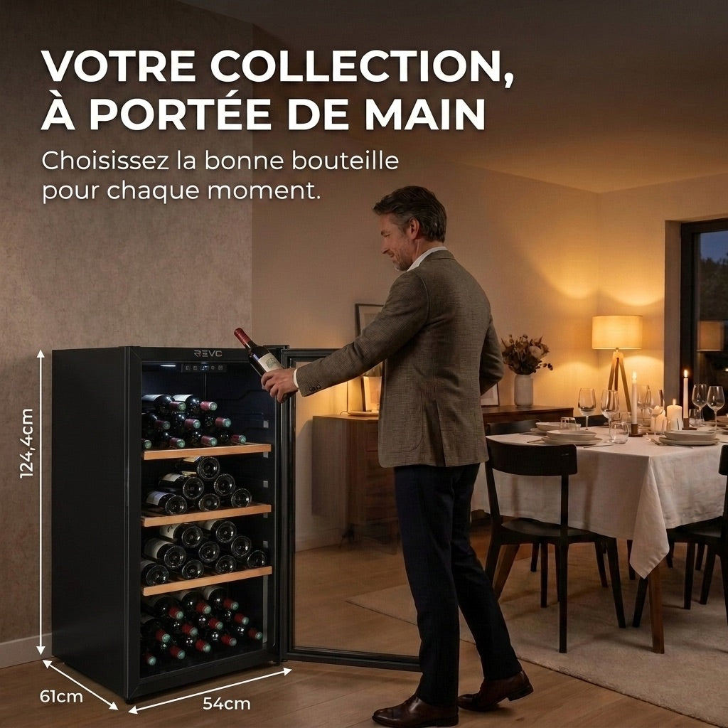 REVO Héritage - Cave à vin de vieillissement - 116 bouteilles - 213 L - 4 clayettes en bois - Température réglable
