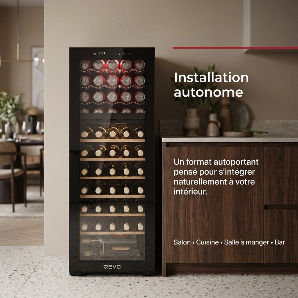 Cave à vin multi-température REVO Millésime 55 – 55 bouteilles – Double zone 5–18 °C – 150 L – 39 dB