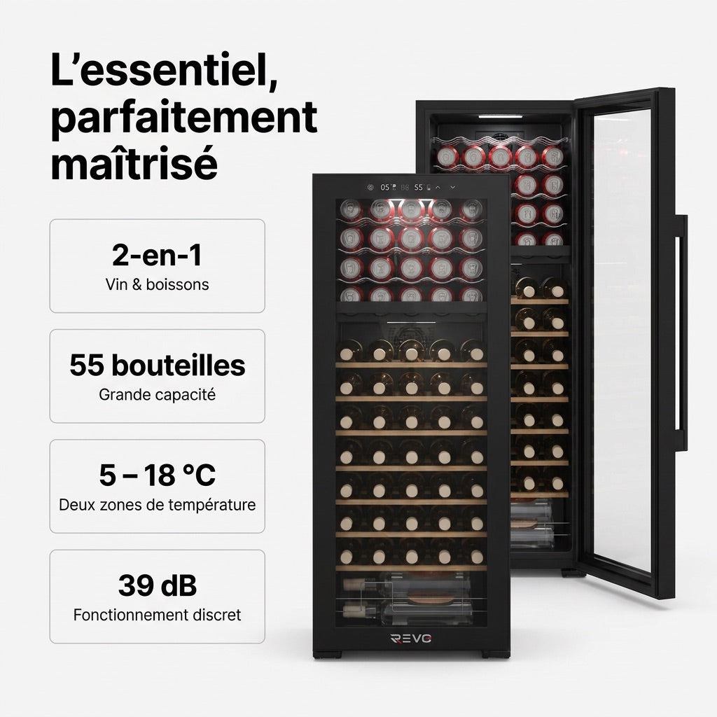 Cave à vin multi-température REVO Millésime 55 – 55 bouteilles – Double zone 5–18 °C – 150 L – 39 dB