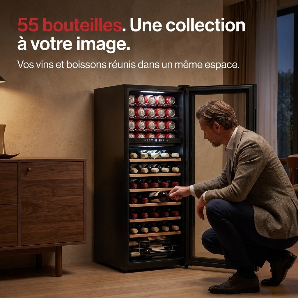 Cave à vin multi-température REVO Millésime 55 – 55 bouteilles – Double zone 5–18 °C – 150 L – 39 dB