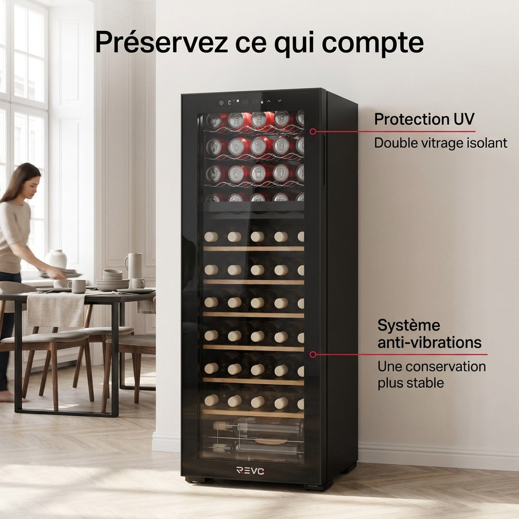 Cave à vin multi-température REVO Millésime 55 – 55 bouteilles – Double zone 5–18 °C – 150 L – 39 dB