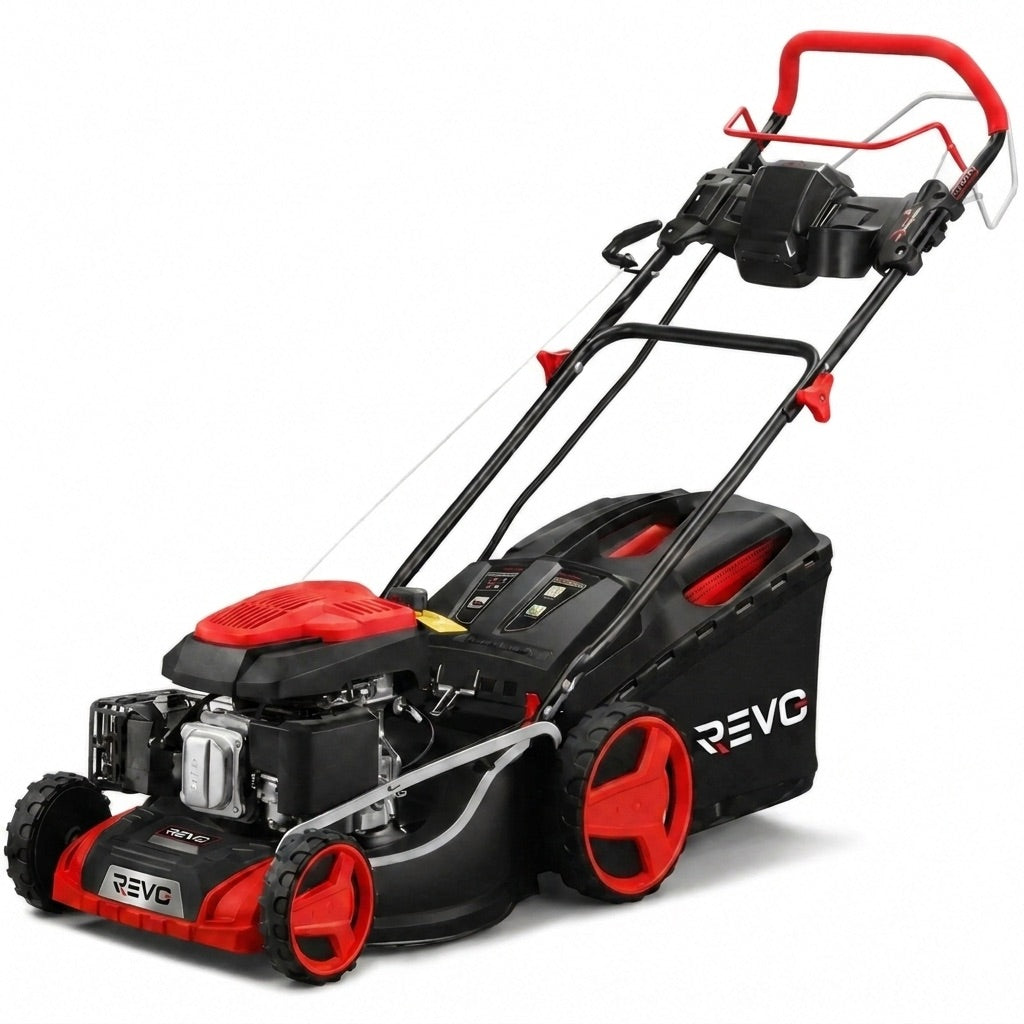 REVO Terrain 51 Self-Propelled Petrol Lawn Mower – 196 cm³, 51 cm, Electric Start, Cutting Height 25–75 mm, 60 L Collector, Up to 1,500 m²