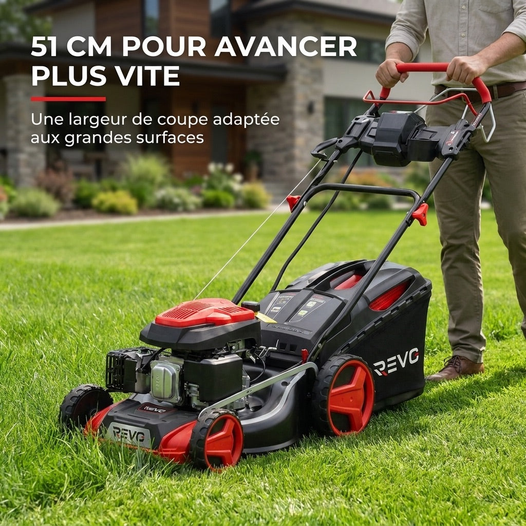 REVO Terrain 51 Self-Propelled Petrol Lawn Mower – 196 cm³, 51 cm, Electric Start, Cutting Height 25–75 mm, 60 L Collector, Up to 1,500 m²