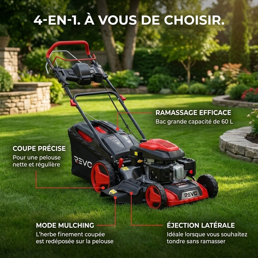 REVO Terrain 51 Self-Propelled Petrol Lawn Mower – 196 cm³, 51 cm, Electric Start, Cutting Height 25–75 mm, 60 L Collector, Up to 1,500 m²