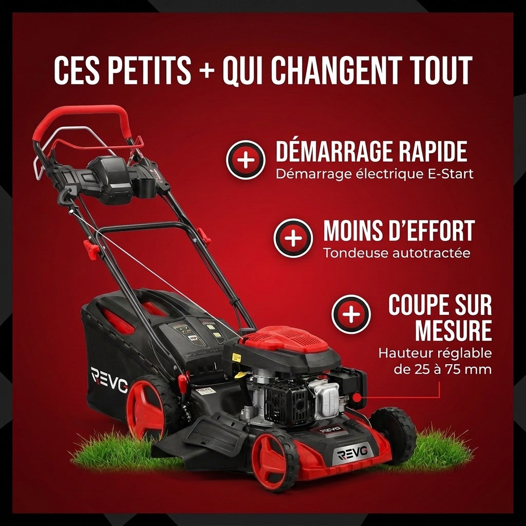 REVO Terrain 51 Self-Propelled Petrol Lawn Mower – 196 cm³, 51 cm, Electric Start, Cutting Height 25–75 mm, 60 L Collector, Up to 1,500 m²