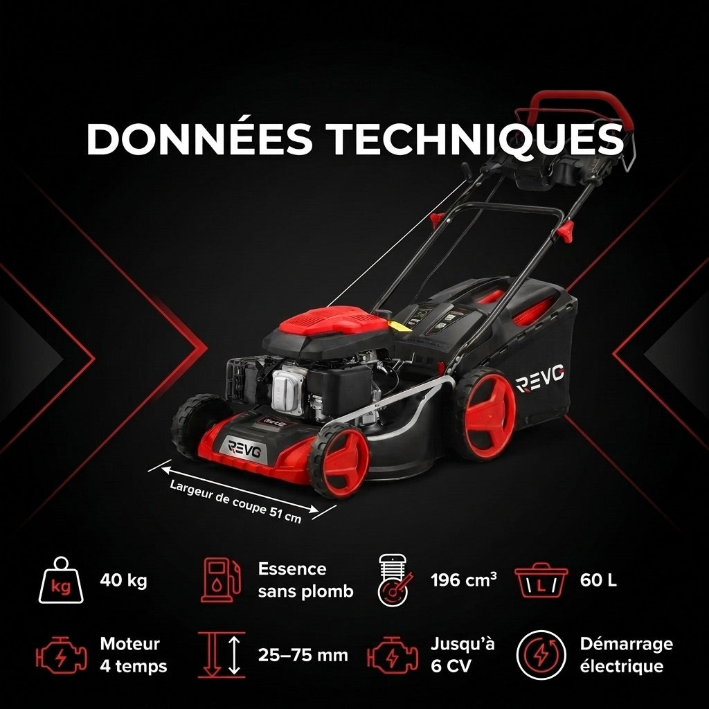 REVO Terrain 51 Self-Propelled Petrol Lawn Mower – 196 cm³, 51 cm, Electric Start, Cutting Height 25–75 mm, 60 L Collector, Up to 1,500 m²
