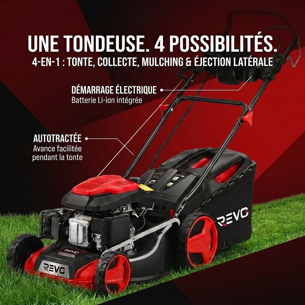 REVO Terrain 51 Self-Propelled Petrol Lawn Mower – 196 cm³, 51 cm, Electric Start, Cutting Height 25–75 mm, 60 L Collector, Up to 1,500 m²