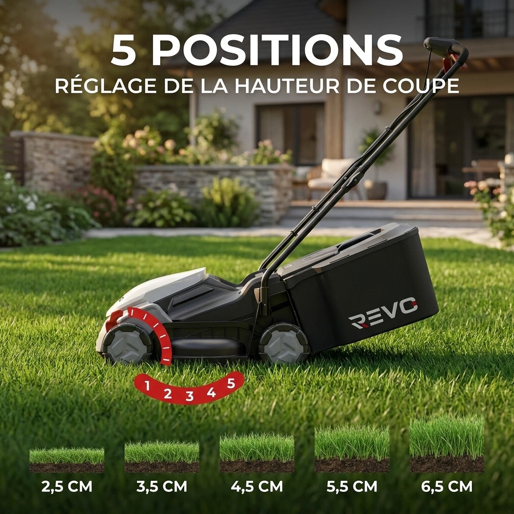 Cordless Lawn Mower REVO Garden 300 – 20 V – 33 cm – 5.0 Ah Battery – 5 Cutting Heights – 35 L Collection Box – Up to 300 m²