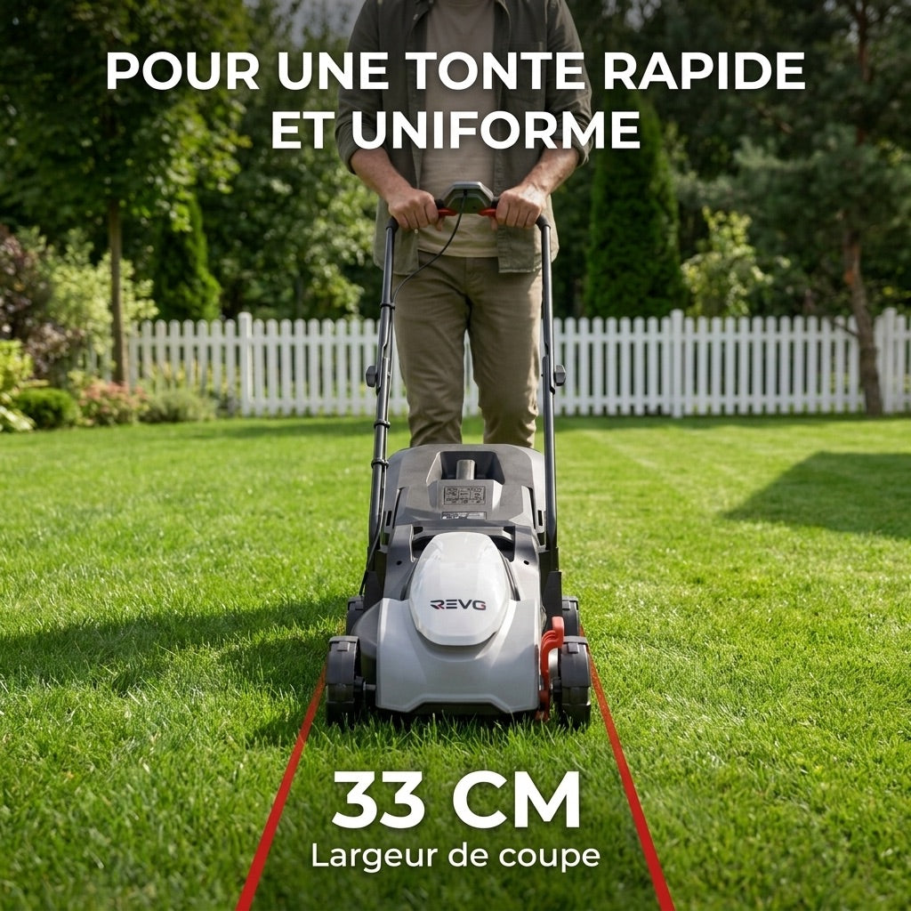 Cordless Lawn Mower REVO Garden 300 – 20 V – 33 cm – 5.0 Ah Battery – 5 Cutting Heights – 35 L Collection Box – Up to 300 m²