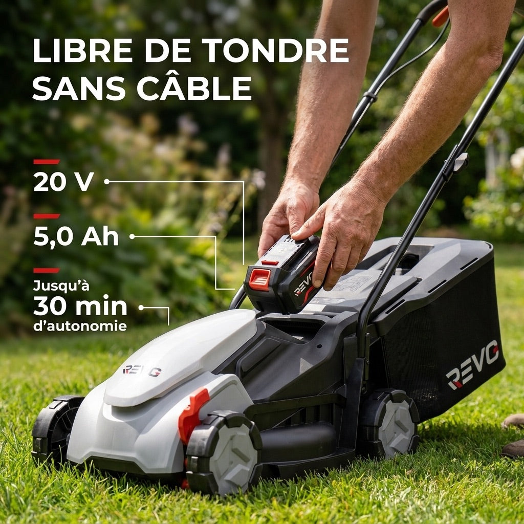 Cordless Lawn Mower REVO Garden 300 – 20 V – 33 cm – 5.0 Ah Battery – 5 Cutting Heights – 35 L Collection Box – Up to 300 m²