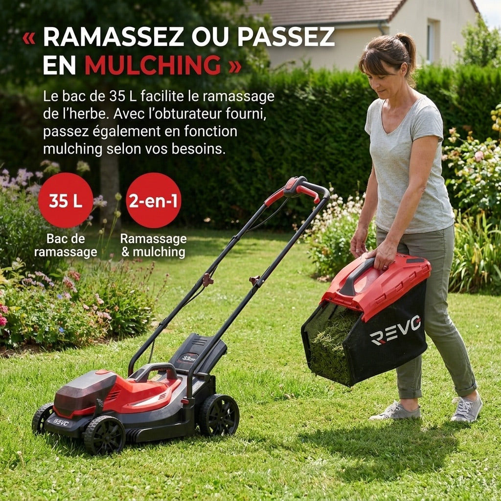 Cordless Lawn Mower REVO Verde 33 – 18 V – 33 cm Cut – 5 Heights 25–65 mm – 35 L Box – Up to 300 m²