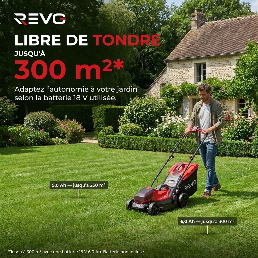 Cordless Lawn Mower REVO Verde 33 – 18 V – 33 cm Cut – 5 Heights 25–65 mm – 35 L Box – Up to 300 m²