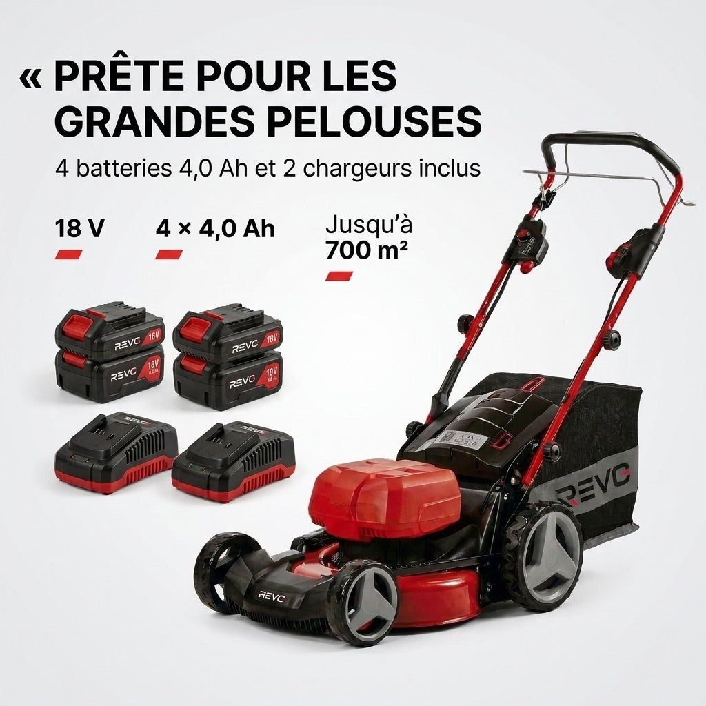 REVO Force 700 Self-Propelled Cordless Lawn Mower – 36V – 47cm Cutting Width – 4 x 4.0 Ah Batteries – 75L Grass Collector – Up to 700 m²