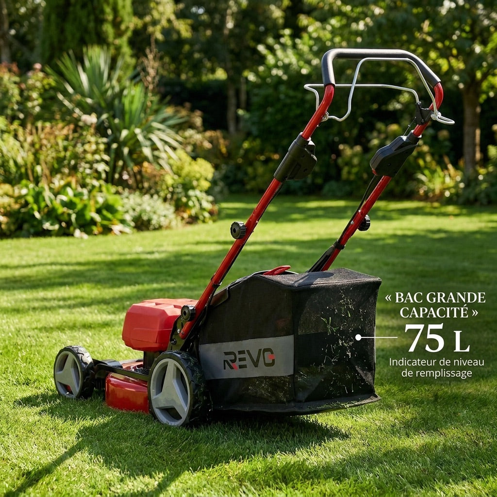 REVO Force 700 Self-Propelled Cordless Lawn Mower – 36V – 47cm Cutting Width – 4 x 4.0 Ah Batteries – 75L Grass Collector – Up to 700 m²