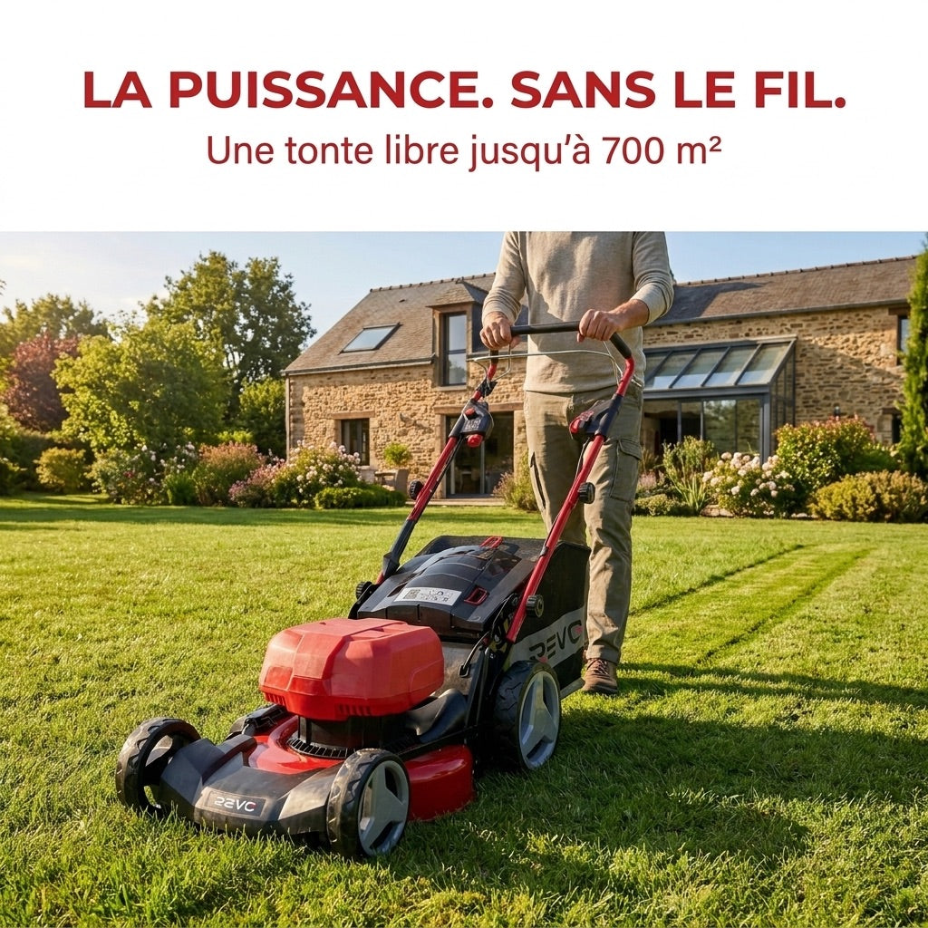 REVO Force 700 Self-Propelled Cordless Lawn Mower – 36V – 47cm Cutting Width – 4 x 4.0 Ah Batteries – 75L Grass Collector – Up to 700 m²