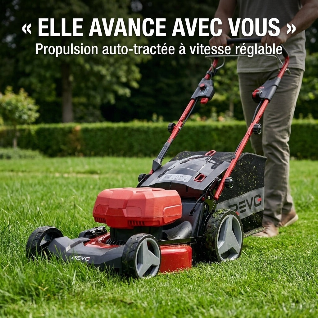 REVO Force 700 Self-Propelled Cordless Lawn Mower – 36V – 47cm Cutting Width – 4 x 4.0 Ah Batteries – 75L Grass Collector – Up to 700 m²