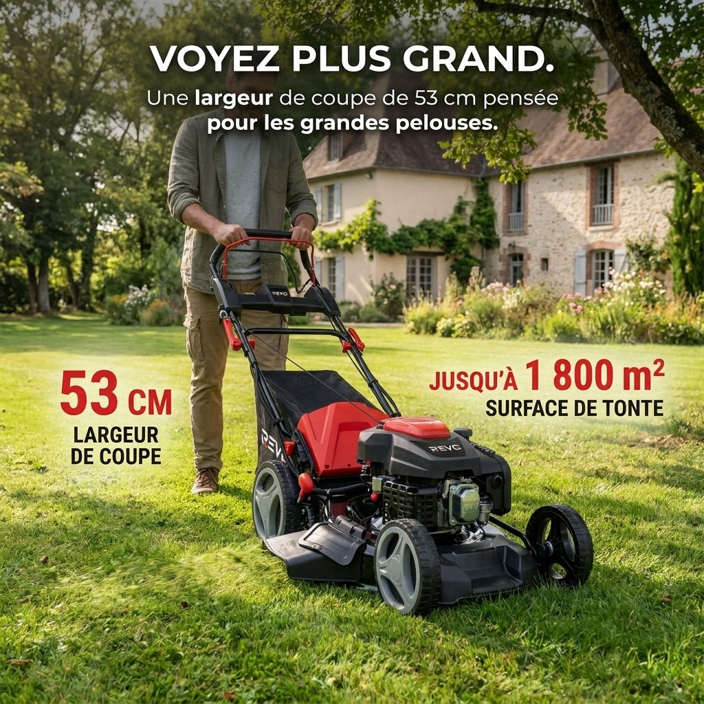Tondeuse Thermique Tractée REVO Dominus 53 – 224 cm³ / 6 CV – Coupe 53 cm – Démarrage Électrique 20 V – Bac 65 L – Jusqu’à 1 800 m²