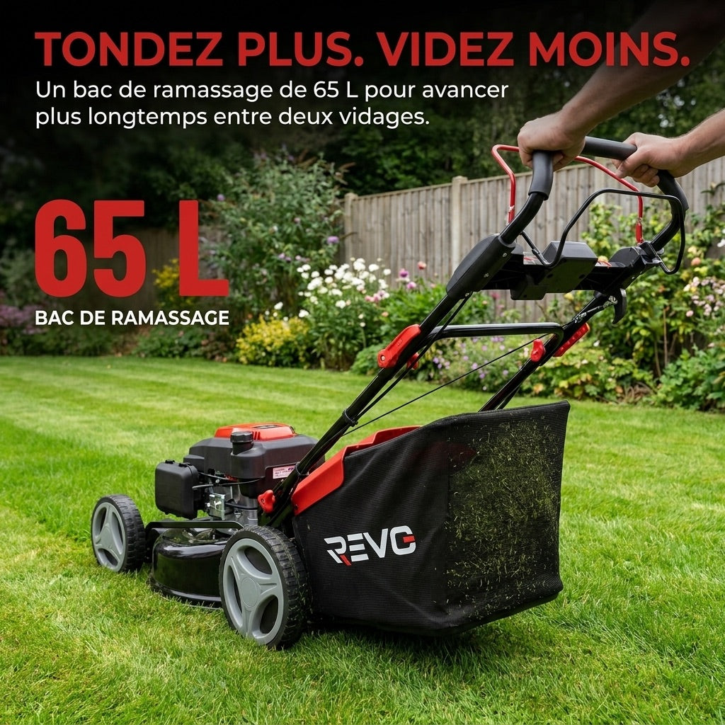 Tondeuse Thermique Tractée REVO Dominus 53 – 224 cm³ / 6 CV – Coupe 53 cm – Démarrage Électrique 20 V – Bac 65 L – Jusqu’à 1 800 m²