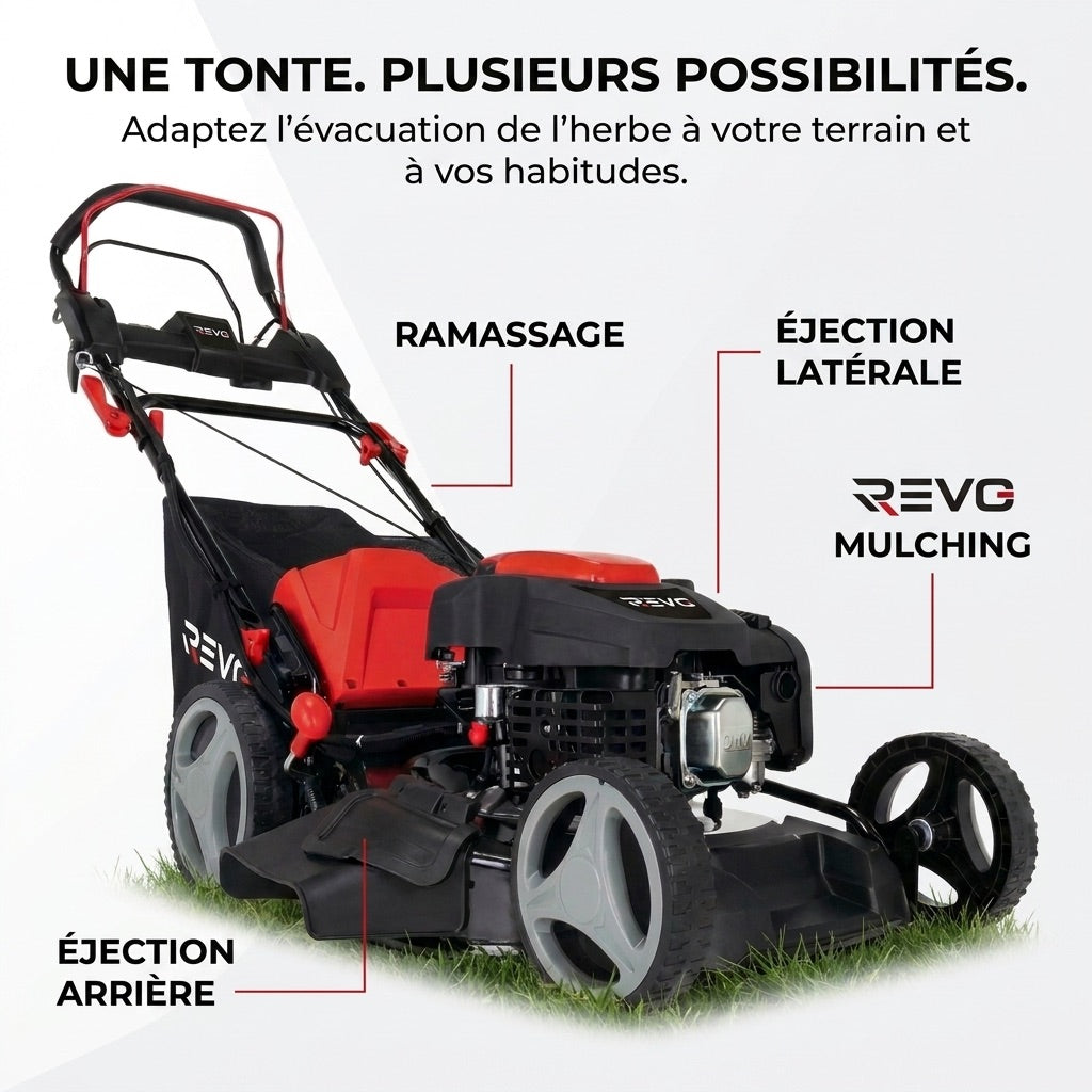Tondeuse Thermique Tractée REVO Dominus 53 – 224 cm³ / 6 CV – Coupe 53 cm – Démarrage Électrique 20 V – Bac 65 L – Jusqu’à 1 800 m²