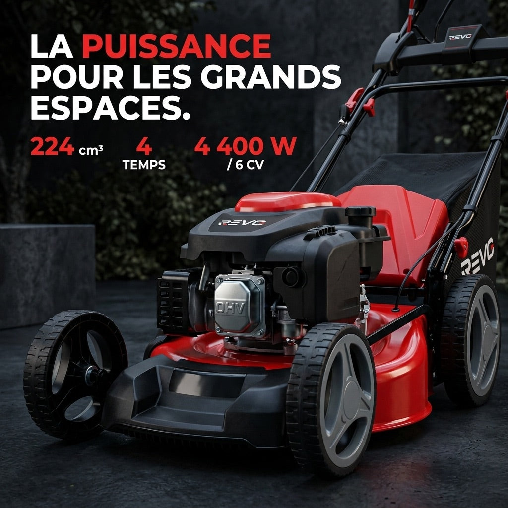 Tondeuse Thermique Tractée REVO Dominus 53 – 224 cm³ / 6 CV – Coupe 53 cm – Démarrage Électrique 20 V – Bac 65 L – Jusqu’à 1 800 m²