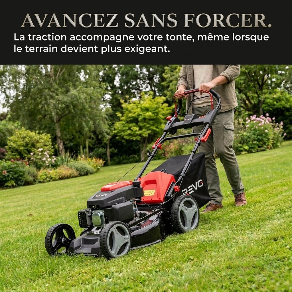 Tondeuse Thermique Tractée REVO Dominus 53 – 224 cm³ / 6 CV – Coupe 53 cm – Démarrage Électrique 20 V – Bac 65 L – Jusqu’à 1 800 m²