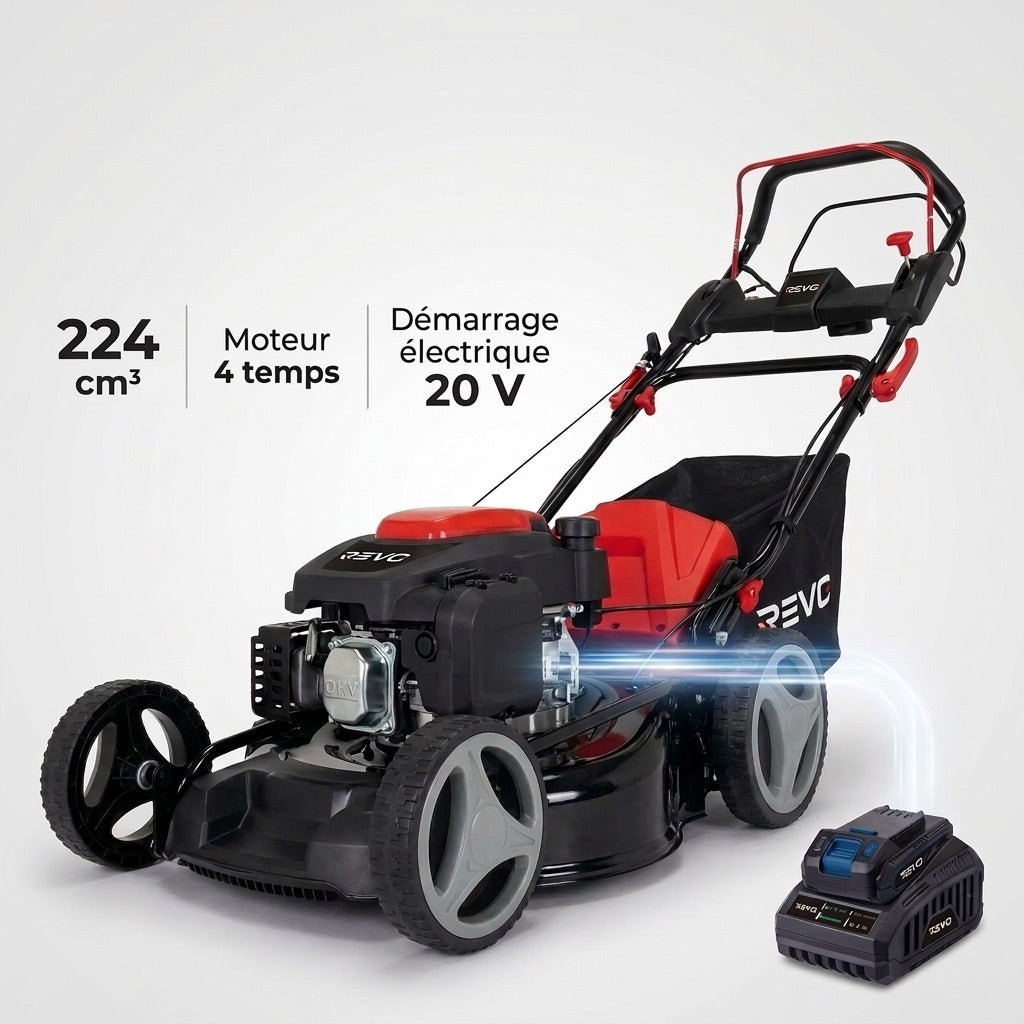 Tondeuse Thermique Tractée REVO Dominus 53 – 224 cm³ / 6 CV – Coupe 53 cm – Démarrage Électrique 20 V – Bac 65 L – Jusqu’à 1 800 m²