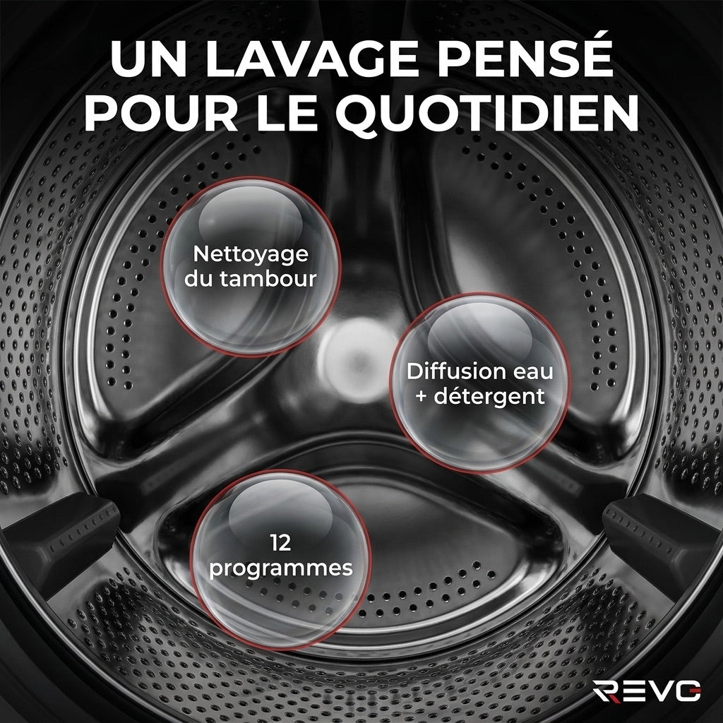 REVO Pure 7 – Lave-linge 7 kg – Classe A – 1 200 tr/min – 12 programmes – Vapeur