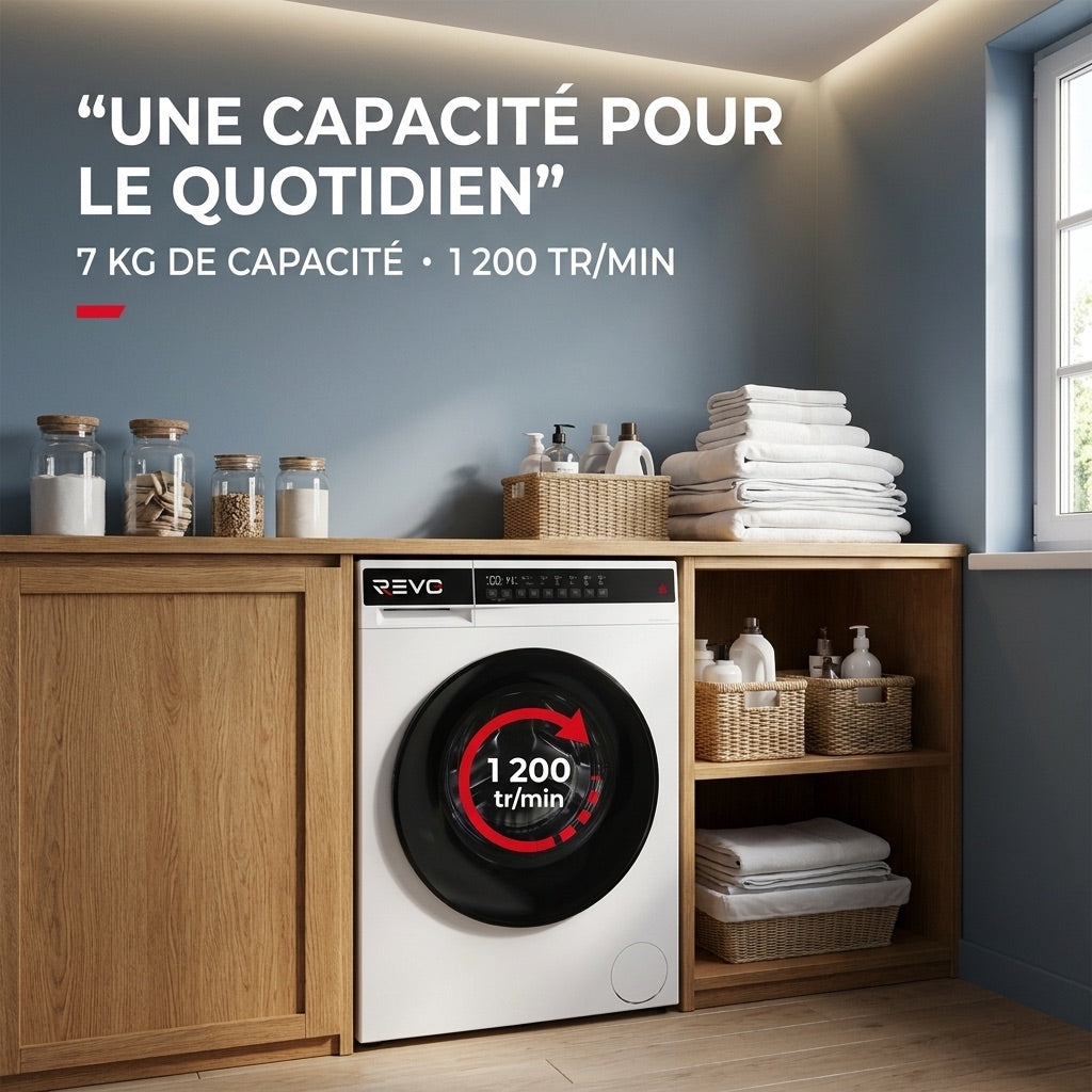 REVO Pure 7 – Lave-linge 7 kg – Classe A – 1 200 tr/min – 12 programmes – Vapeur