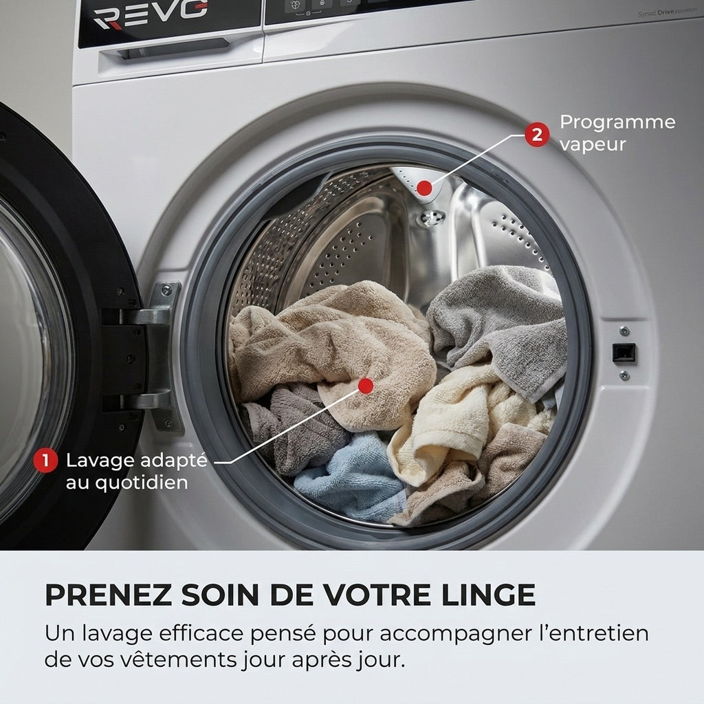 REVO Pure 7 – Lave-linge 7 kg – Classe A – 1 200 tr/min – 12 programmes – Vapeur