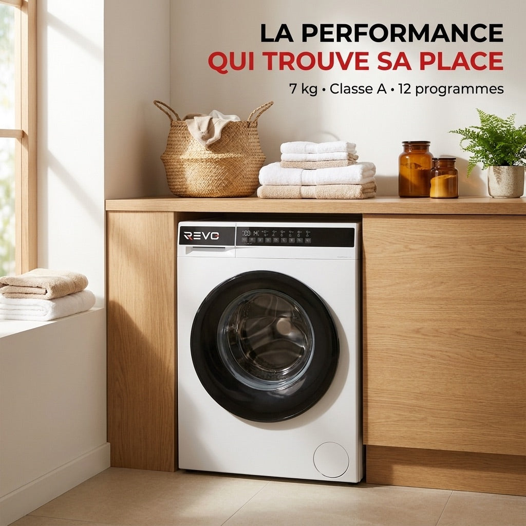 REVO Pure 7 – Lave-linge 7 kg – Classe A – 1 200 tr/min – 12 programmes – Vapeur
