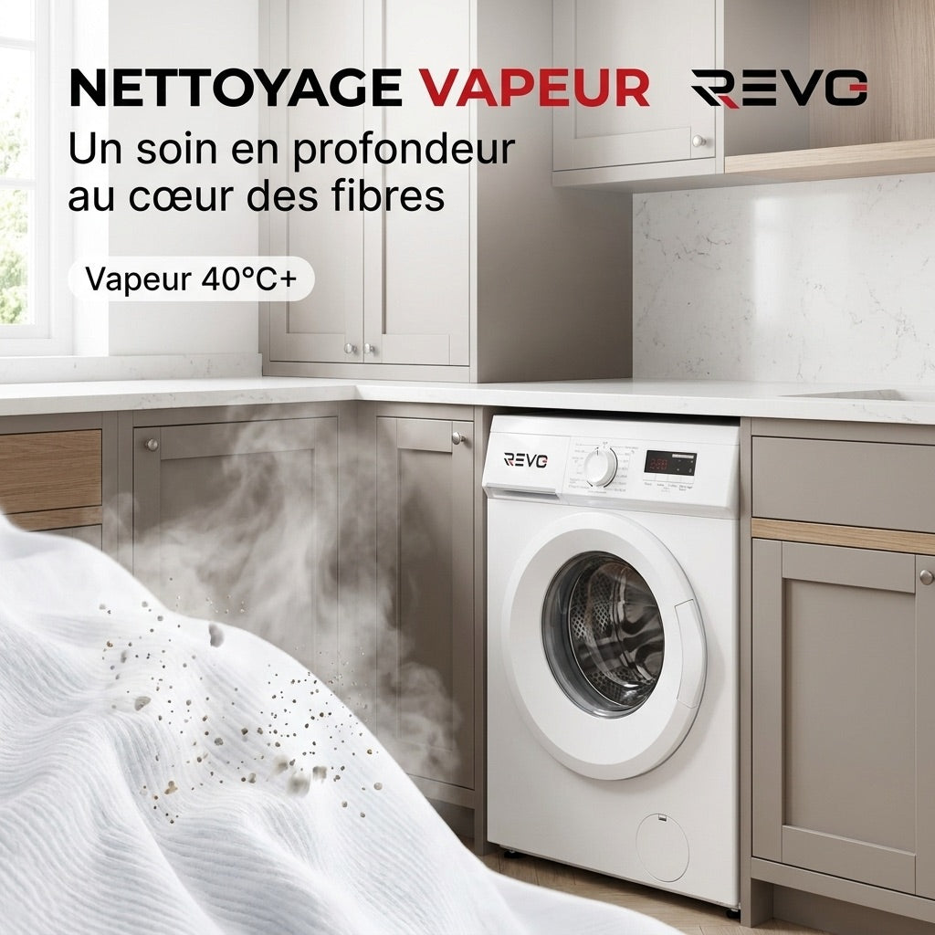 Lave-linge frontal REVO Élégance 8 – Machine à laver 8 kg – Classe A – 1400 tr/min – 15 programmes, vapeur et format slim