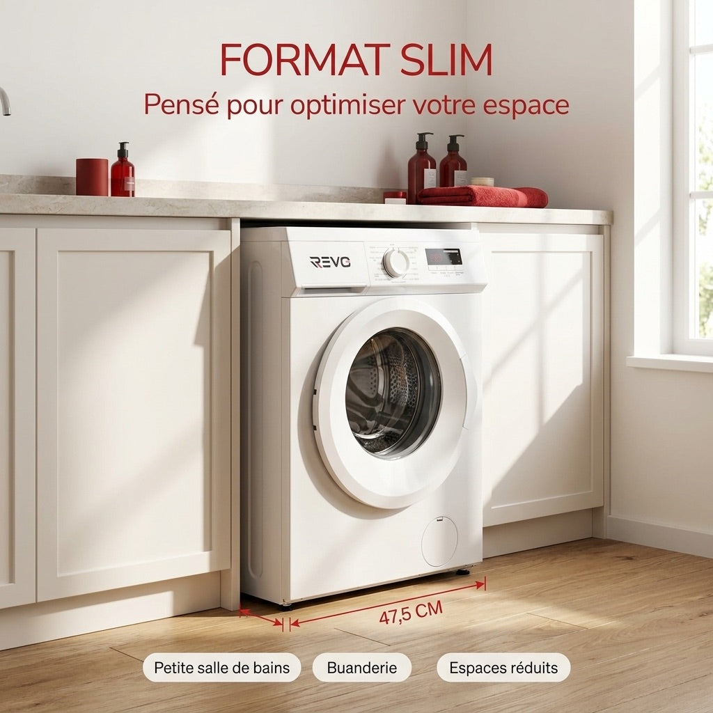 Lave-linge frontal REVO Élégance 8 – Machine à laver 8 kg – Classe A – 1400 tr/min – 15 programmes, vapeur et format slim