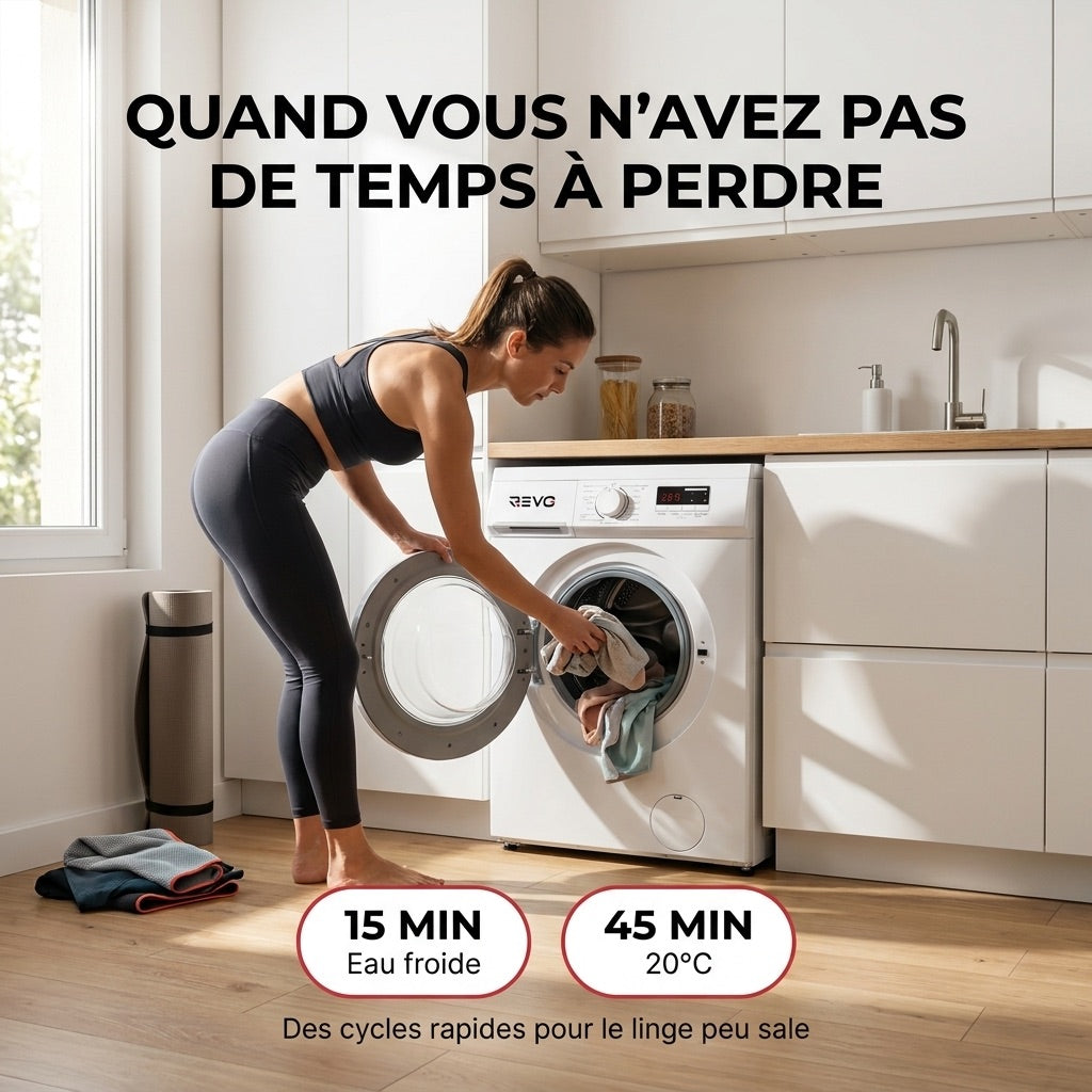 Lave-linge frontal REVO Élégance 8 – Machine à laver 8 kg – Classe A – 1400 tr/min – 15 programmes, vapeur et format slim